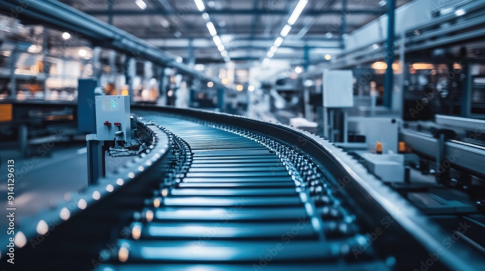 Modern conveyor belt in a factory, surrounded by high-tech machinery and equipment. Modern conveyor belt in a factory, surrounded by high-tech machinery and equipment.