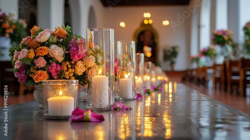 Traditional altar with floral arrangements and candles, preserving cultural heritage