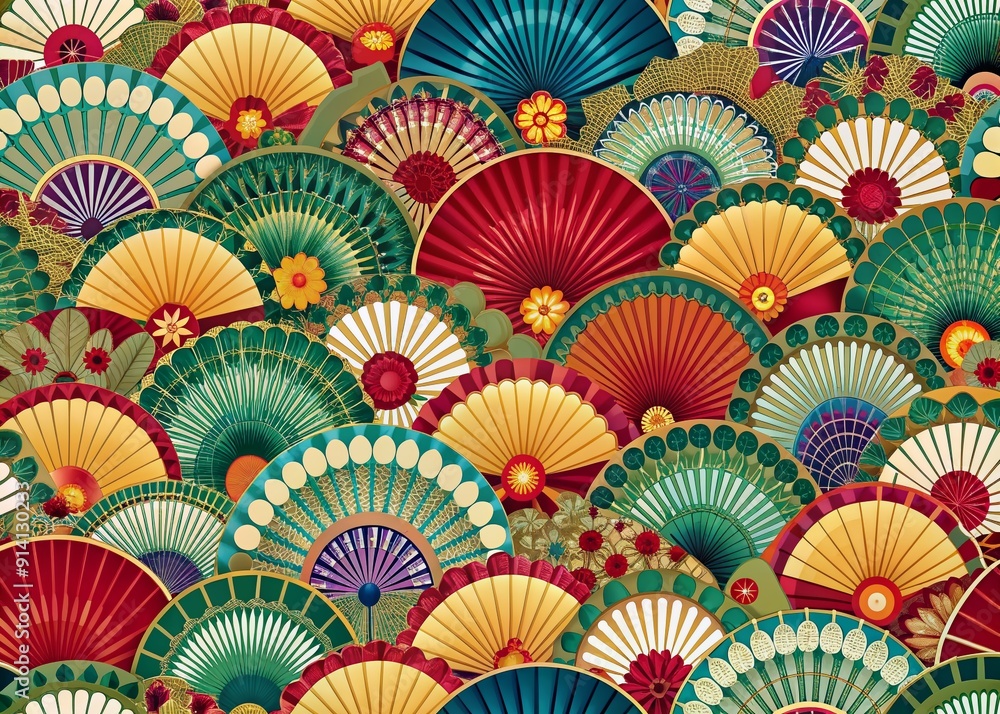 Naklejka premium Vibrant seamless pattern featuring intricately designed ornate fans and delicate Chinese fans in harmonious arrangement, perfect for cultural and festive design backgrounds.