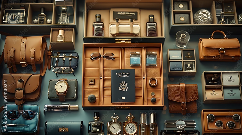 Obraz premium Neatly organized luxury travel items such as a high-end suitcase, designer sunglasses, leather passport holder, perfume, and elegant watch, displayed with a clear area in the center for text, featurin