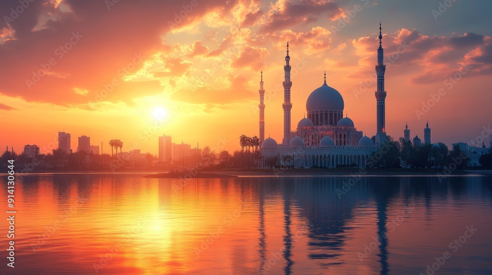 Naklejka premium Mosque silhouette against a vibrant sunset over a tranquil lake