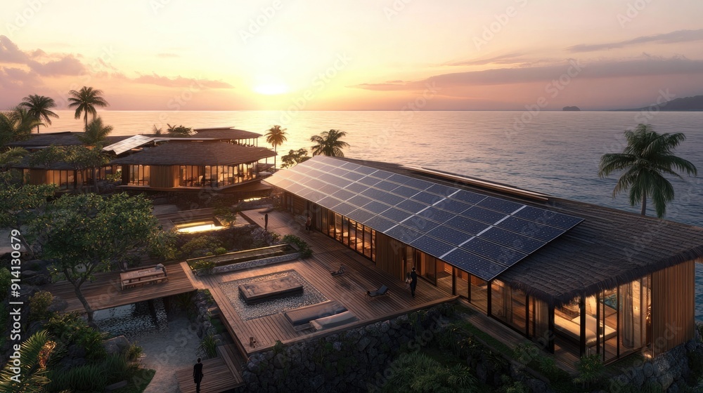 Photovoltaic panels on a hotel roof, harnessing solar energy on an island. Photovoltaic panels on a hotel roof, harnessing solar energy on an island.