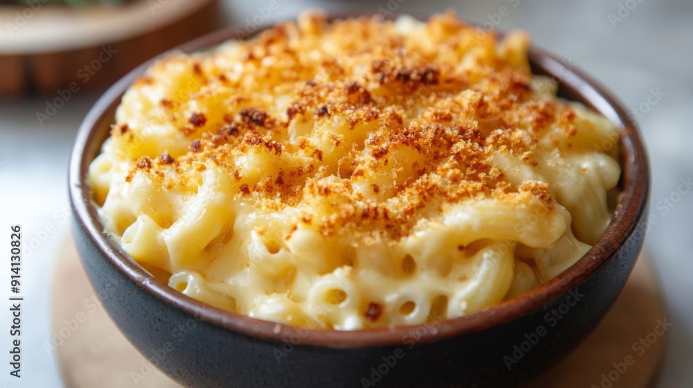 A hearty bowl of macaroni and cheese topped with crispy breadcrumbs, highlighting comfort food at its best. A hearty bowl of macaroni and cheese topped with crispy breadcrumbs, highlighting comfort food at its best.