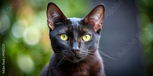 Sleek and mysterious, a solid black Bombay cat showcases its distinctive coat, devoid of stripes, spots, or markings, with piercing copper eyes and a slender physique.