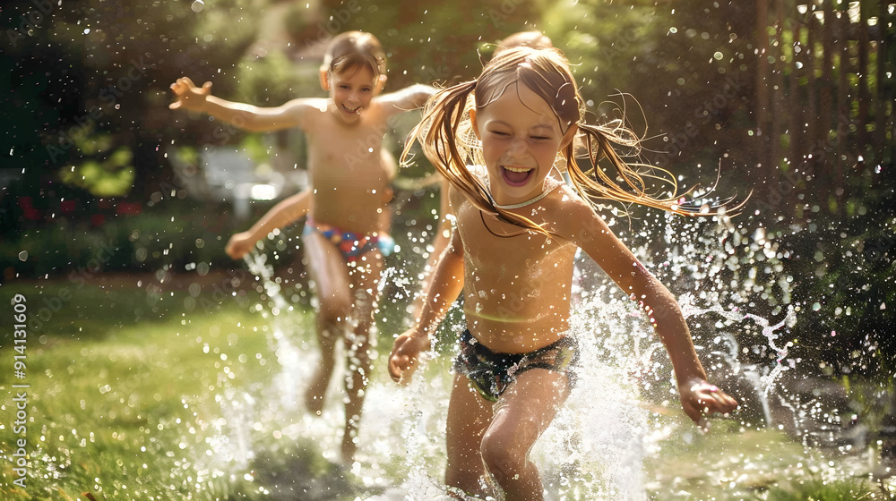 Fototapeta premium Happy children, wearing swimsuits and goggles, run through a backyard sprinkler on a sunny day.