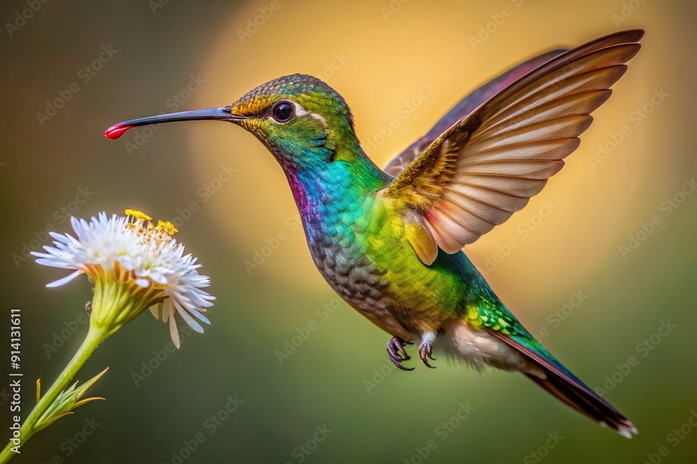 Fototapeta premium Vibrant hummingbird with iridescent feathers sips nectar from a delicate white flower on a transparent background, showcasing its intricate beauty and natural elegance.