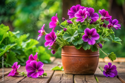 Wallpaper Mural Vibrant purple geranium blooms spill over the edges of a rustic terra cotta pot sitting on a worn wooden table amidst lush green foliage background. Torontodigital.ca