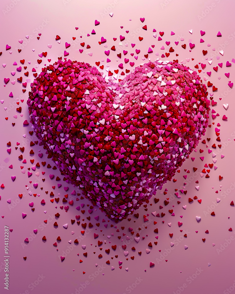 A large pink heart composed of small red and white hearts on a pink background. A large pink heart composed of small red and white hearts on a pink background.