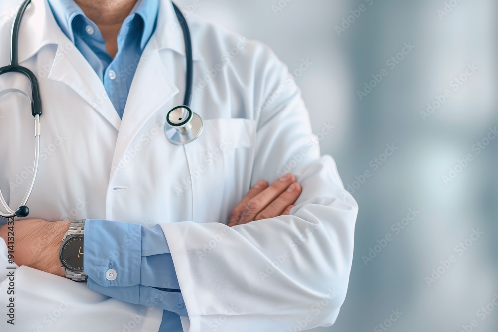 A doctor in a white coat with a stethoscope around his neck crossing his arms, standing in a modern medical office. A doctor in a white coat with a stethoscope around his neck crossing his arms, standing in a modern medical office.