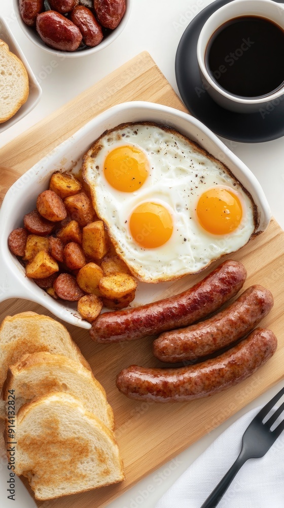 A mouthwatering breakfast features fried eggs and juicy sausages served on a white plate, surrounded by a striped tablecloth in a warm kitchen A mouthwatering breakfast features fried eggs and juicy sausages served on a white plate, surrounded by a striped tablecloth in a warm kitchen