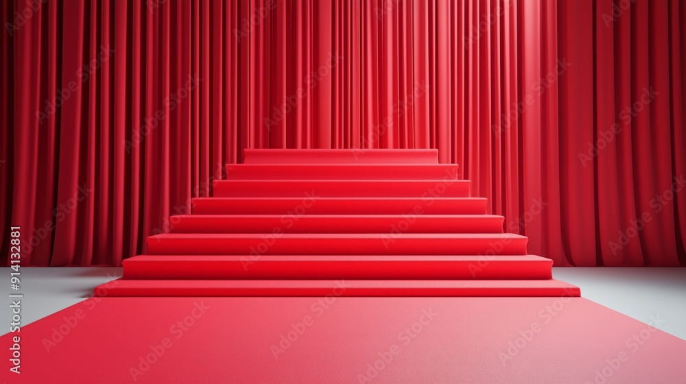 Fototapeta premium Elegant red carpet steps leading to a stage surrounded by flowing curtains