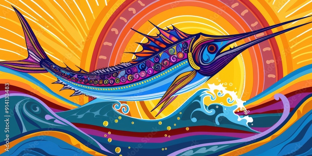 Obraz premium Abstract colorful marlin leaping through waves.