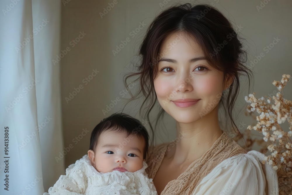 serene portrait of asian mother cradling newborn bathed in soft morning light against minimalist backdrop capturing intimate moment of maternal bond serene portrait of asian mother cradling newborn bathed in soft morning light against minimalist backdrop capturing intimate moment of maternal bond
