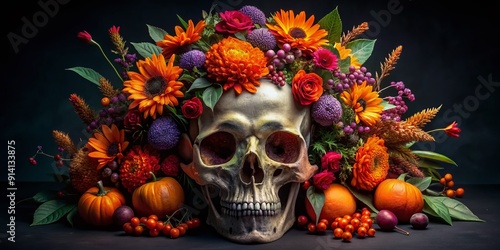 Spooky Halloween skull adorned with a vibrant floral arrangement of orange and purple flowers, berries, and leaves, creating a striking contrast of life and death.