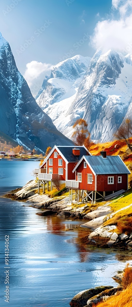 Fototapeta premium Red Cabins by the Fjord in Norway.