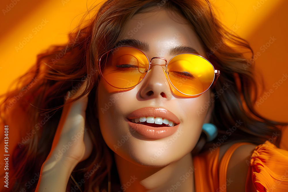 Exultant woman with opaque orange glasses. Exultant woman with opaque orange glasses.
