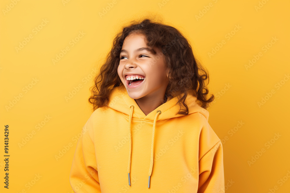Happy young girl in a bright jacket against yellow background Happy young girl in a bright jacket against yellow background