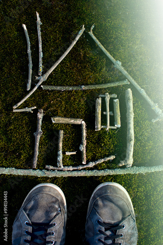 Aerial view of sticks arranged on grass to form geometric shapes and letters, showcasing outdoor creativity and nature art.