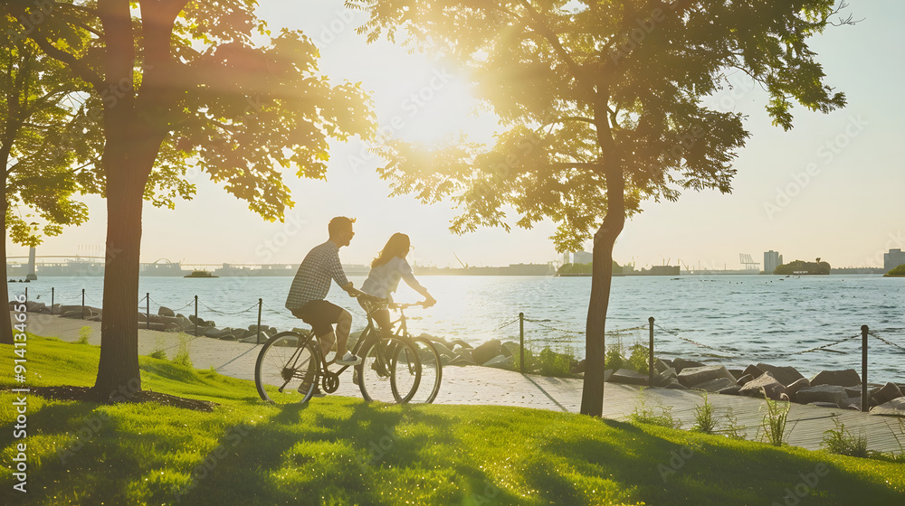 Obraz premium Two couples happily biking under the sun on a leisurely and relaxing ride together.