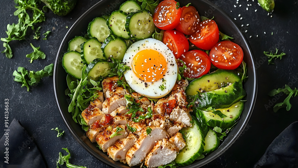 Top-View Vegan Bowl with Eggs, Chicken, Vegetables on Dark Background, Avocado and Fresh Greens for Weight Loss Top-View Vegan Bowl with Eggs, Chicken, Vegetables on Dark Background, Avocado and Fresh Greens for Weight Loss