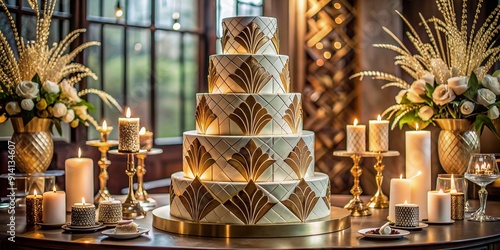 Luxurious art deco inspired wedding cake features geometric patterns, metallic accents, and ornate details, exuding opulence and sophistication on a lavish dessert table setting. photo