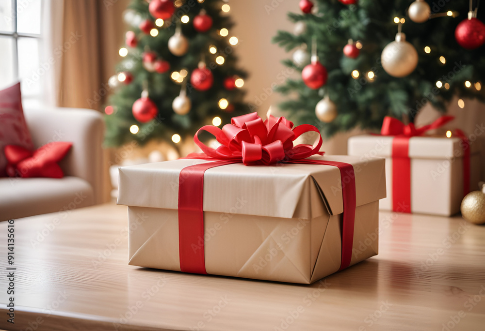 a wrapped gift box with red ribbon on sofa with of a christmas tree, living room blurred background, A gift placed on a sofa, a living room decorated with Christmas a wrapped gift box with red ribbon on sofa with of a christmas tree, living room blurred background, A gift placed on a sofa, a living room decorated with Christmas