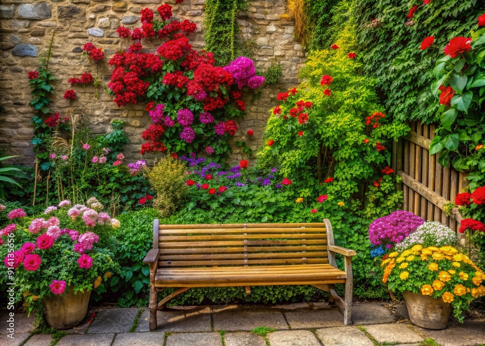 Vibrant flowers bloom exuberantly beside an ancient ivy-covered stone wall, accompanied by a serene bamboo bench, evoking a sense of tranquility and natural beauty. Vibrant flowers bloom exuberantly beside an ancient ivy-covered stone wall, accompanied by a serene bamboo bench, evoking a sense of tranquility and natural beauty.