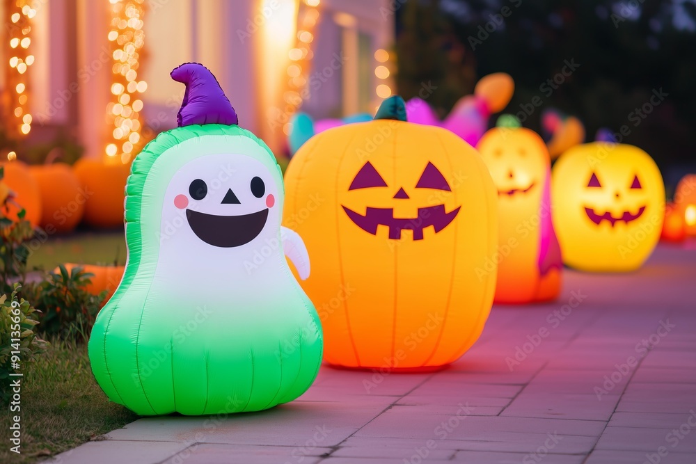 Fototapeta premium front yard decorated for Halloween with colorful, kid friendly inflatables such as smiling pumpkins, playful ghosts, and a friendly witch