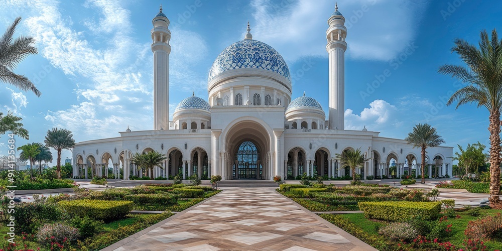 Fototapeta premium White Mosque with Blue Domes and Lush Landscaping