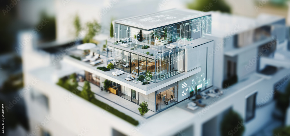 Contemporary 3D Render of a Modern Multi-Story Building With Elegant Rooftop Terrace and Lush Landscaping Contemporary 3D Render of a Modern Multi-Story Building With Elegant Rooftop Terrace and Lush Landscaping