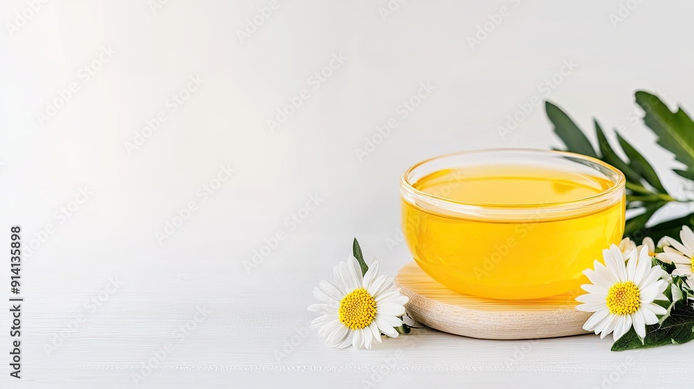 A wooden bowl filled with golden honey surrounded by fresh green leaves and delicate flowers showcases nature's beauty and simplicity