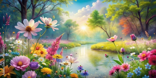 Vibrant floral background in early summer, featuring a colorful natural spring landscape with blooming flowers, soft selective focus, and gentle watercolor-inspired illustration.