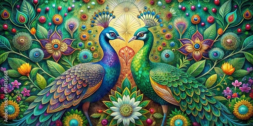 Vibrant peacocks amidst intricate floral patterns and ornate mandalas, adorned with shimmering feathers, lush greens, and jeweled tones, creating a mesmerizing symphony of color and design.