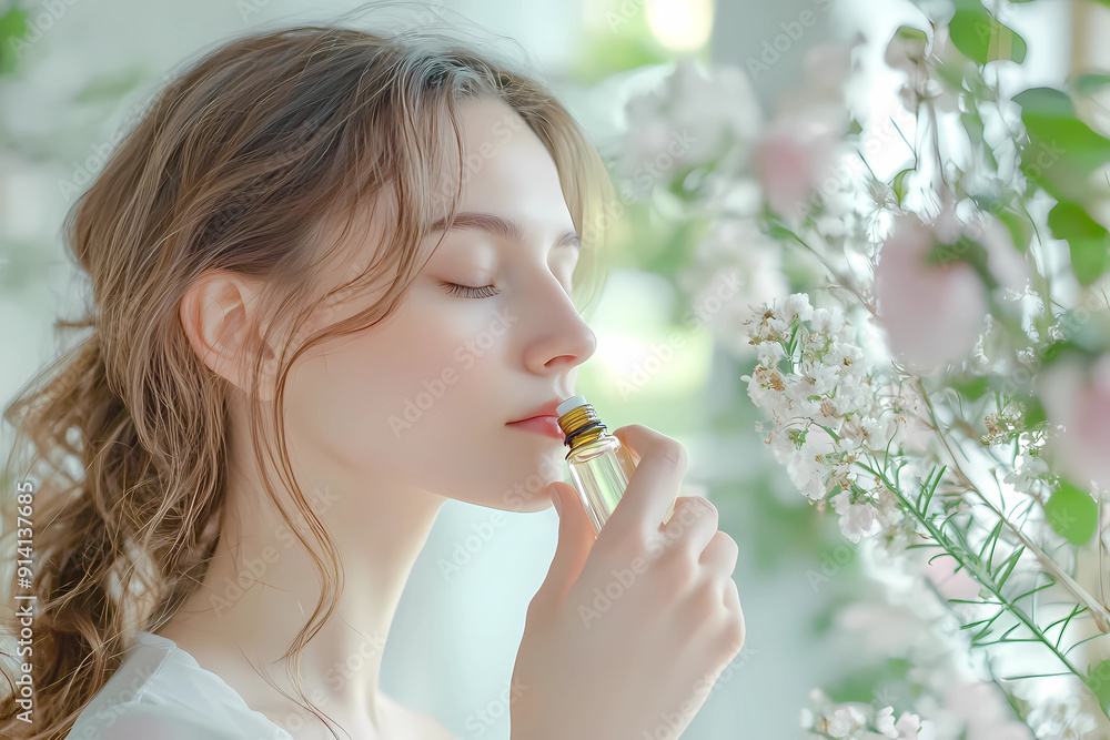 lose up portrait of a beautiful woman with closed eyes holding an essential oil bottle and enjoying the aroma