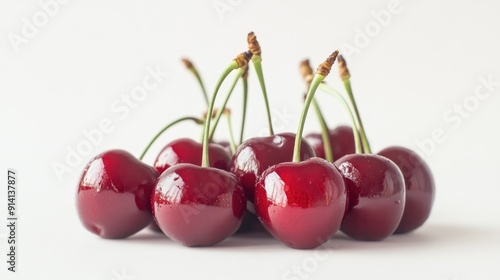 Wallpaper Mural A cluster of fresh, shiny cherries with stems, beautifully arranged on a white background. Torontodigital.ca