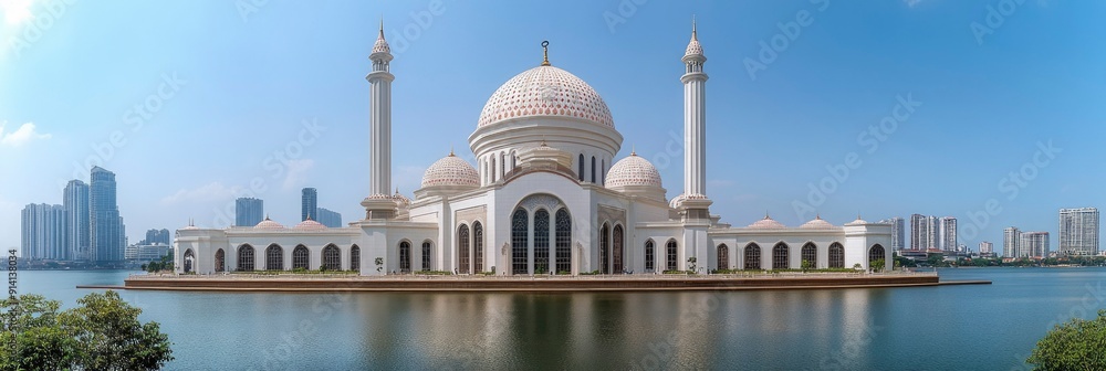 Fototapeta premium White Mosque with Golden Domes on an Island in a Lake