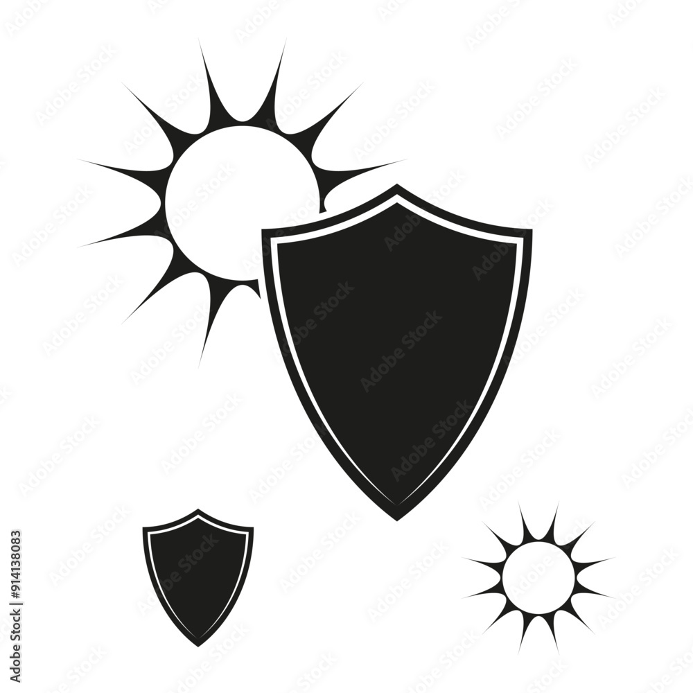 Fototapeta premium Shield and sunburst. Bold black icons. Radiating rays. Vector graphic.
