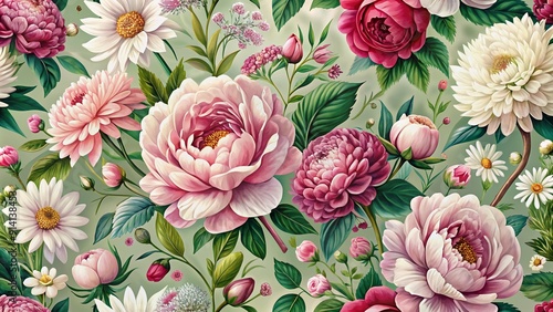 Fototapeta Naklejka Na Ścianę i Meble -  Elegant floral seamless pattern featuring lush peonies, romantic roses, delicate asters, and lush green leaves arranged in a chic, timeless design for beautiful backgrounds.