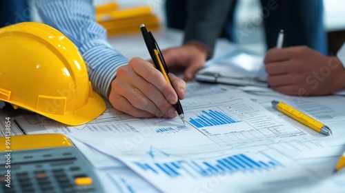 Generate a photo realistic image of a construction project team conducting a review of financial strategies, with detailed budgeting charts and strategy documents photo