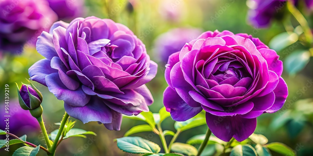 Vibrant purple double roses blossom in a lush garden, showcasing intricate petals and delicate details against a soft, natural springtime background of subtle purple hues. Vibrant purple double roses blossom in a lush garden, showcasing intricate petals and delicate details against a soft, natural springtime background of subtle purple hues.