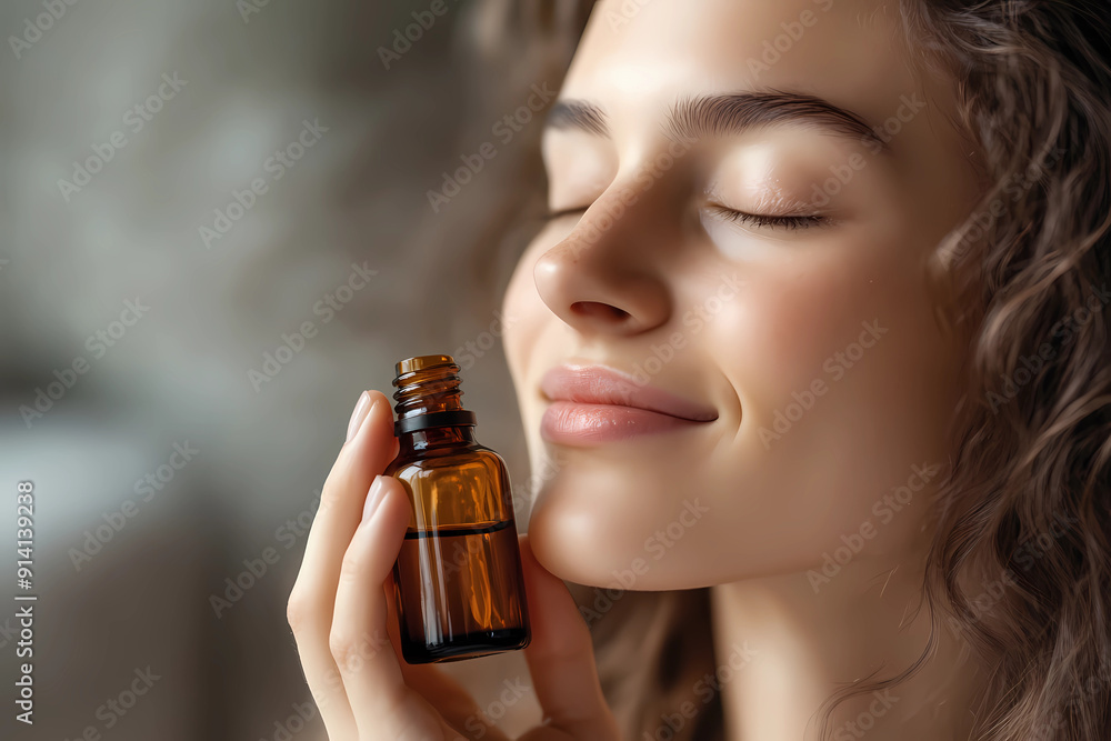 Fototapeta premium Close up portrait of a beautiful woman with closed eyes holding an essential oil bottle and enjoying the aroma