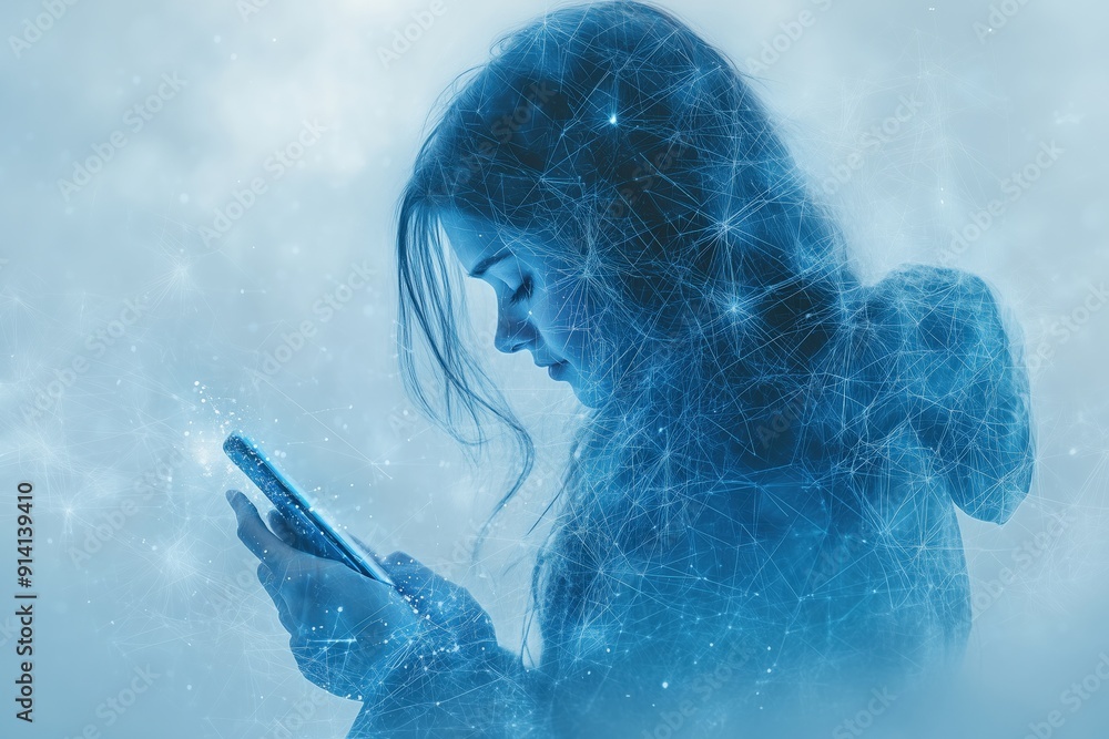 Fototapeta premium Minimalist drawing of a person accessing business data on a smartphone, [Mobile Access], [Digital Transformation], No logo, No Trademark, No text, minimal concept with copy space for stock photo