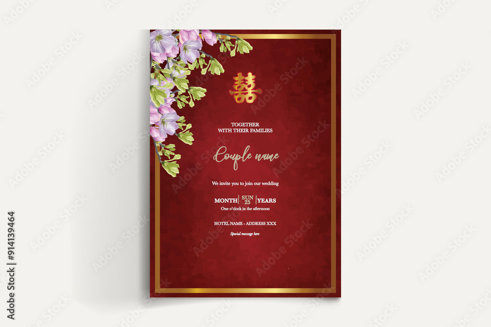 WEDDING INVITATION FRAME WITH FLOWER DECORATIONS AND FRESH LEAVES