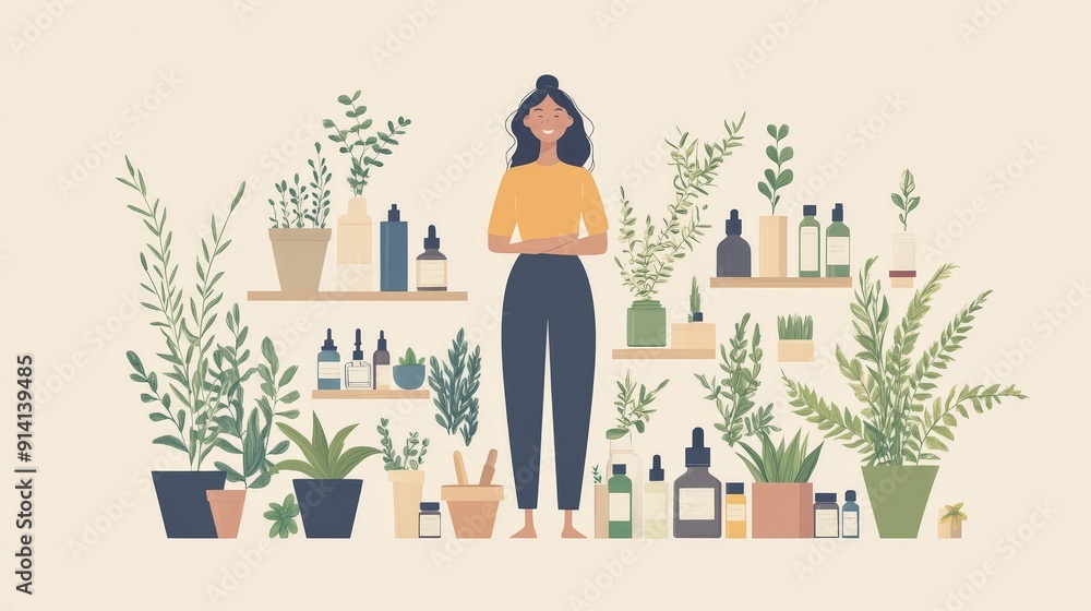 Eco-Friendly Self-Care Bliss: Organic Wellness Essentials in Minimalist Creativity Flat Illustration Style Eco-Friendly Self-Care Bliss: Organic Wellness Essentials in Minimalist Creativity Flat Illustration Style