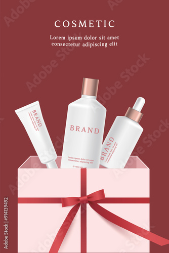 Cosmetic product ads template on red background with gift box and ribbon.