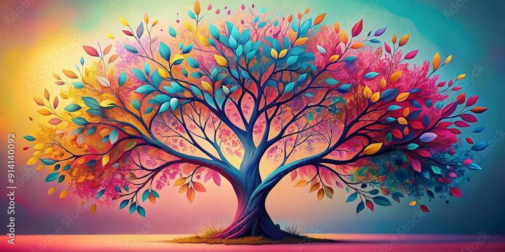 Φωτογραφία Vibrant colorful tree with elegant hanging branches and leaves in shades of pink, blue, and yellow, perfect for 3D abstraction wallpaper or interior mural