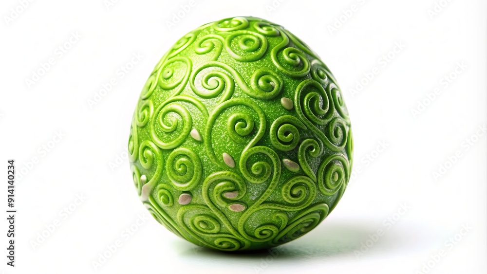Vibrant green Easter egg with intricate, swirling patterns and delicate texture, isolated on a crisp white background, showcasing a beautifully handmade painted decoration. Vibrant green Easter egg with intricate, swirling patterns and delicate texture, isolated on a crisp white background, showcasing a beautifully handmade painted decoration.