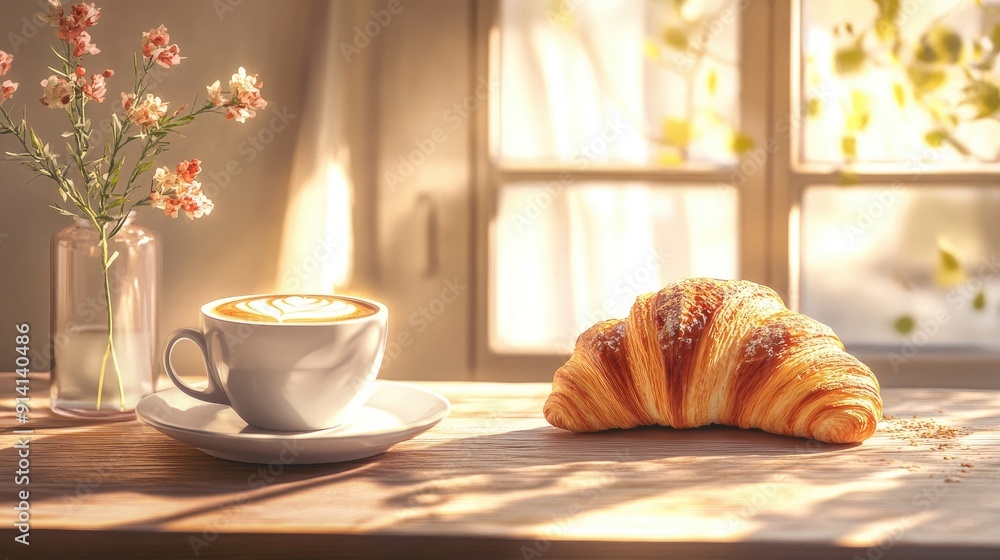 Morning scene with coffee and a croissant on a table, illuminated by soft sunlight. Morning scene with coffee and a croissant on a table, illuminated by soft sunlight.