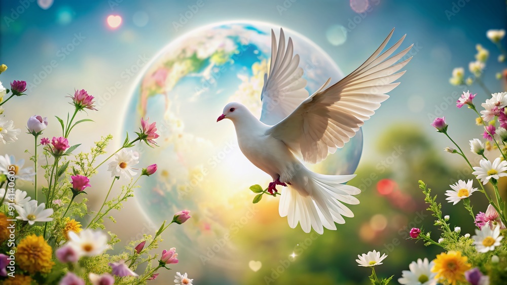 Obraz premium Sleek white dove soars above a delicate globe surrounded by blooming flowers, symbolizing peace and harmony, set against a soft background with ample copy space.
