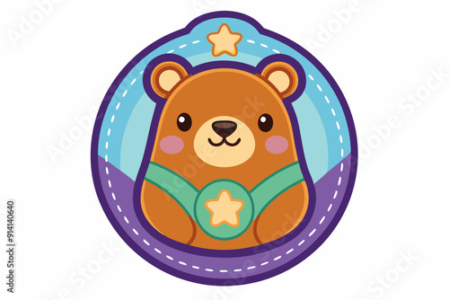 Cute Cartoon Bear with Stars and a Green Ribbon